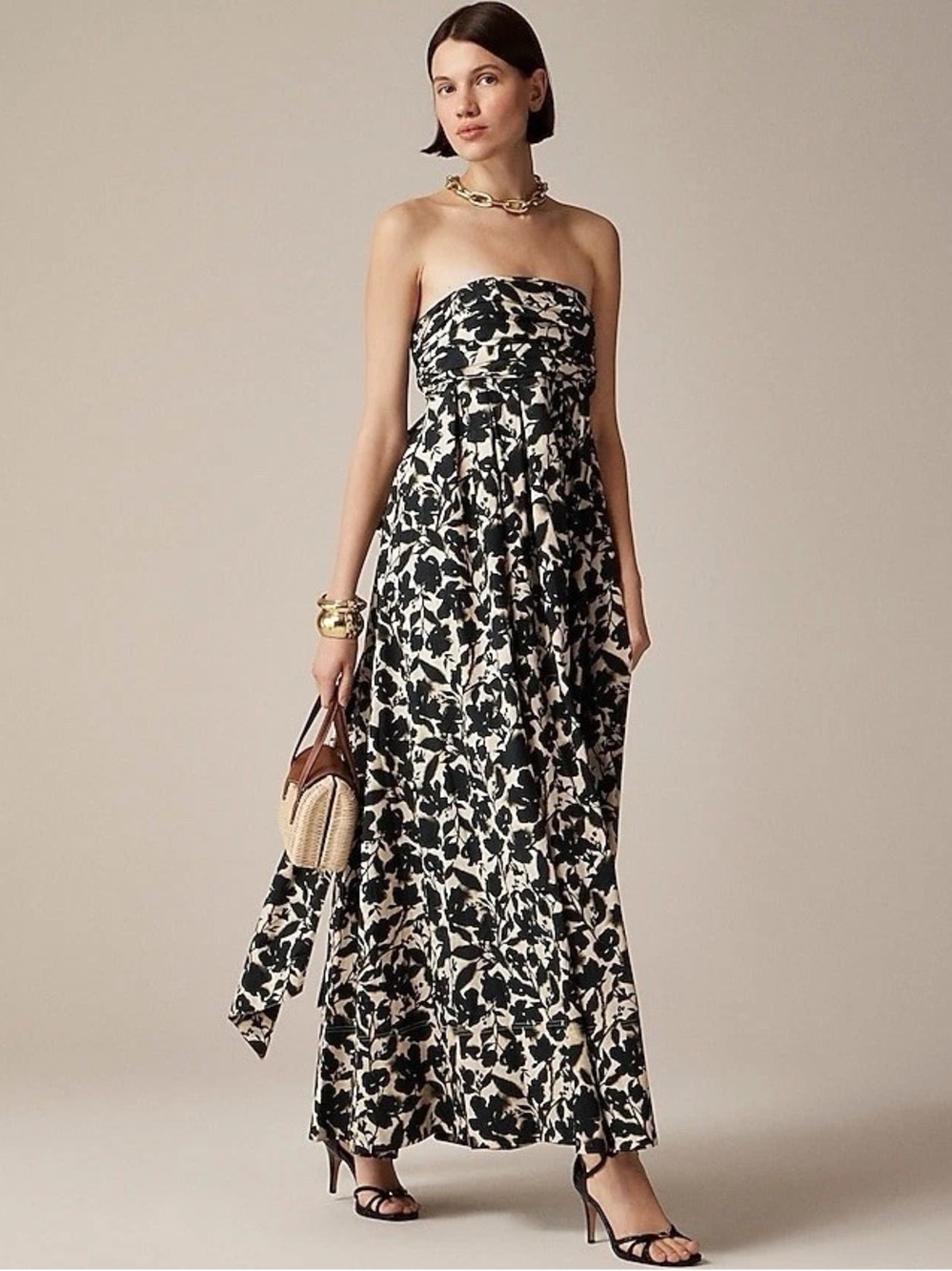 J. Crew Collection Strapless Bow-Back Maxi Dress Floral Print 14 Black NEW CK988